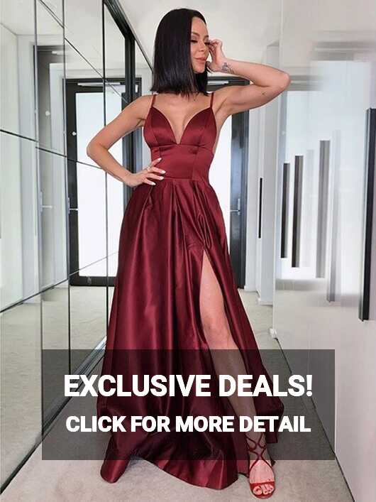 V Neck Backless Burgundy Satin Long Prom Dresses with High Slit ...