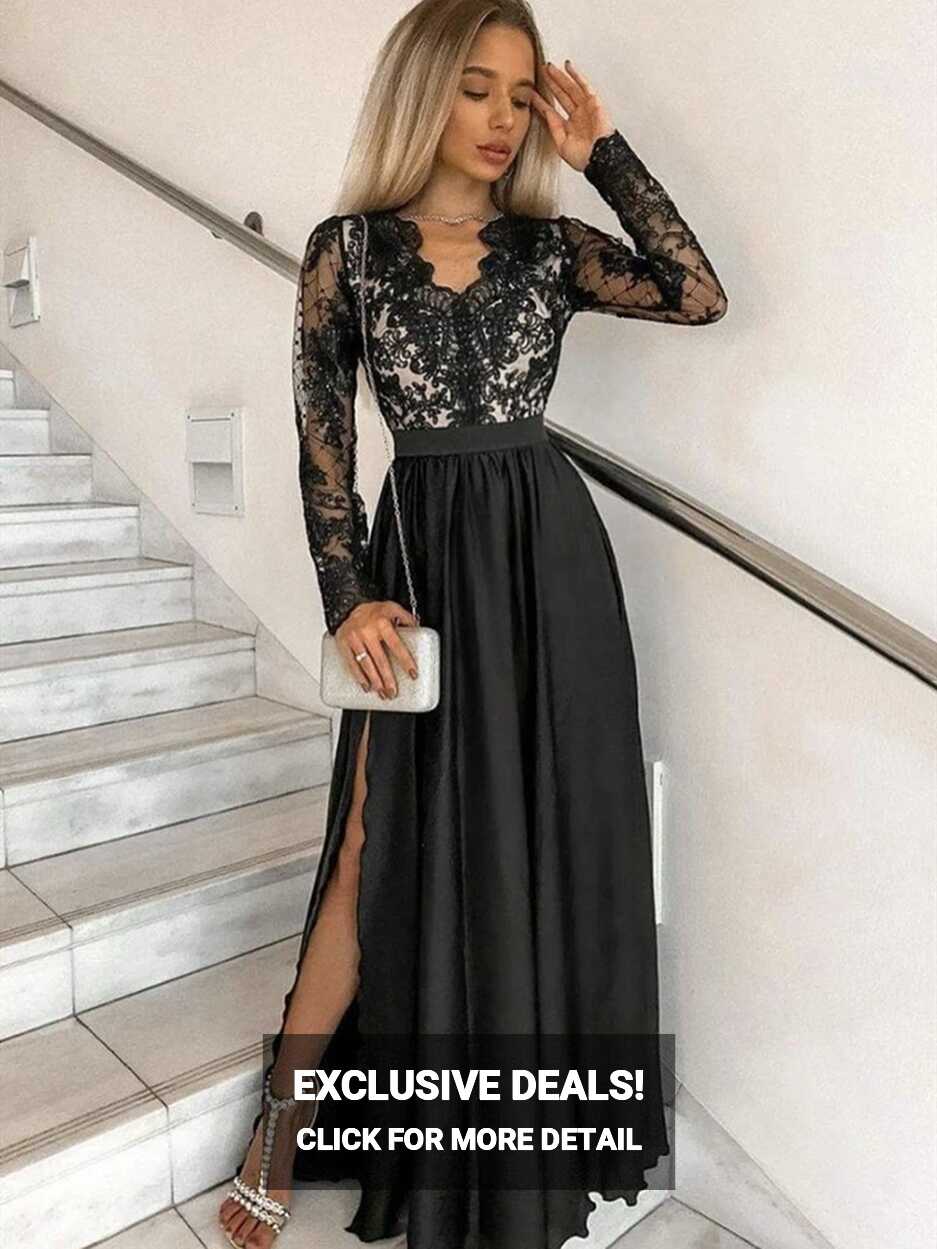 V Neck Black Lace Long Sleeves Prom Dresses with High Slit, Long ...