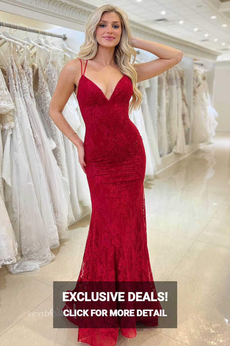 V-Neck Crisscross Strap Red Mermaid Lace Prom Dresses Long FD2136 ...