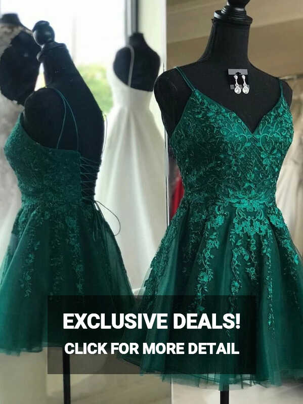 V Neck Emerald Green Lace Appliques Short Prom Dresses, Emerald ...