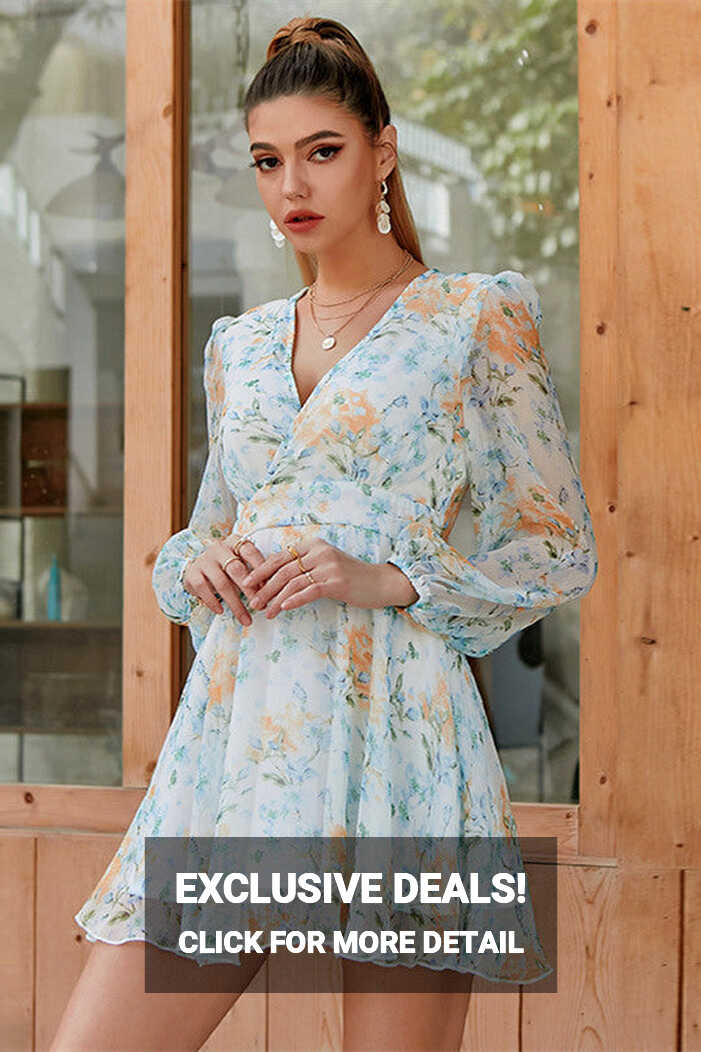 V-Neck Floral Long Sleeves Short Summer Dress – FancyVestido