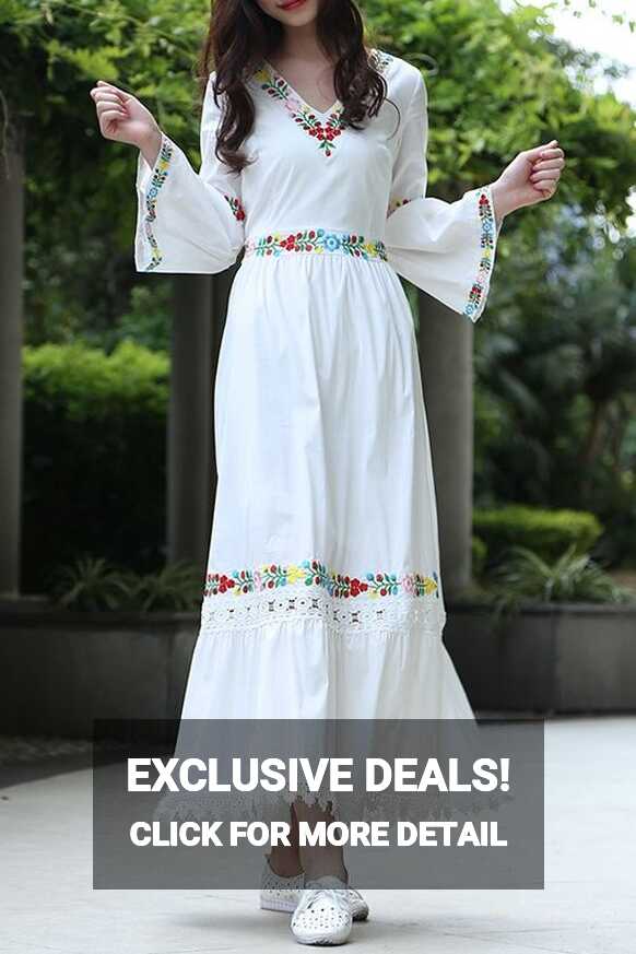 V Neck Flower Embroidery Maxi Dress WHITE