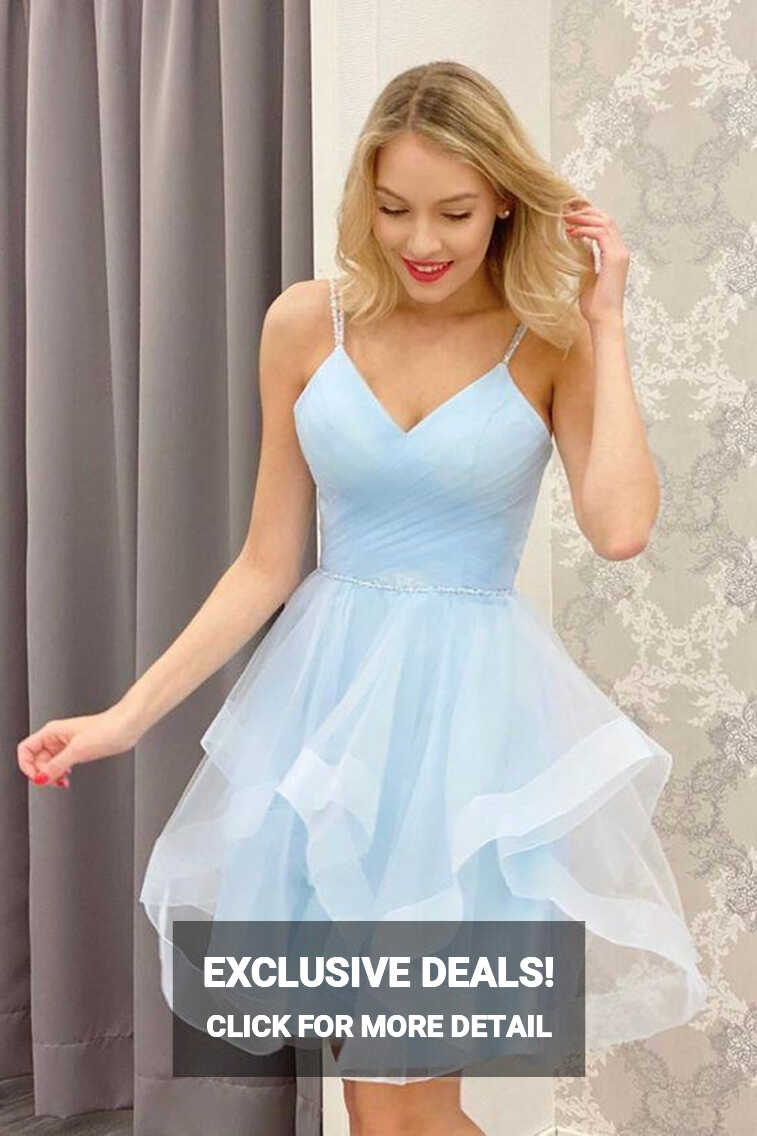 V Neck Light Blue Short Prom Homecoming Dresses, V Neck Light Blue ...