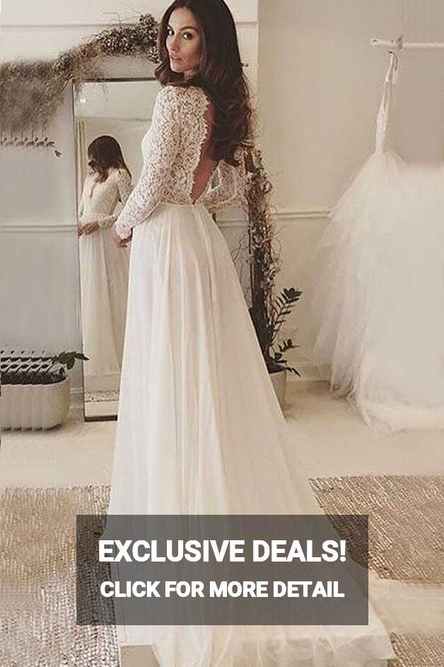 V-Neck Long Sleeves Backless Ivory Chiffon Wedding Dress with Lace ...