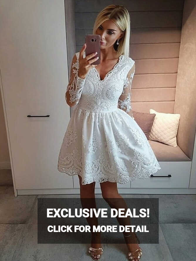 V Neck Long Sleeves Lace White Short Prom Dresses Homecoming ...