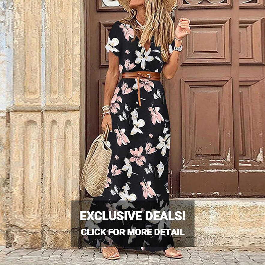 V Neck Maxi Dresses Short/Long Sleeve Top Boho Floral Printed ...