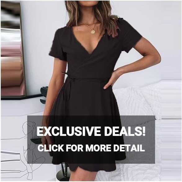 V Neck Mini Wrap Dress Short Sleeve Holiday Summer Mini Dress ...