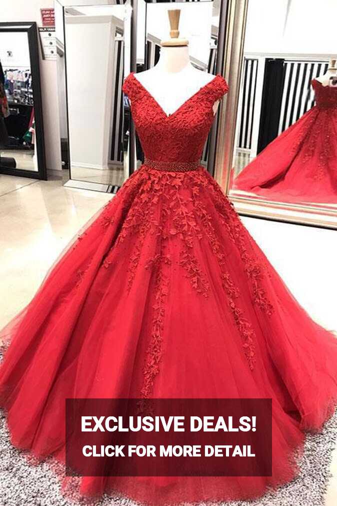 V Neck Prom Dress, Red Prom Dress, Lace Applique Prom Dress ...