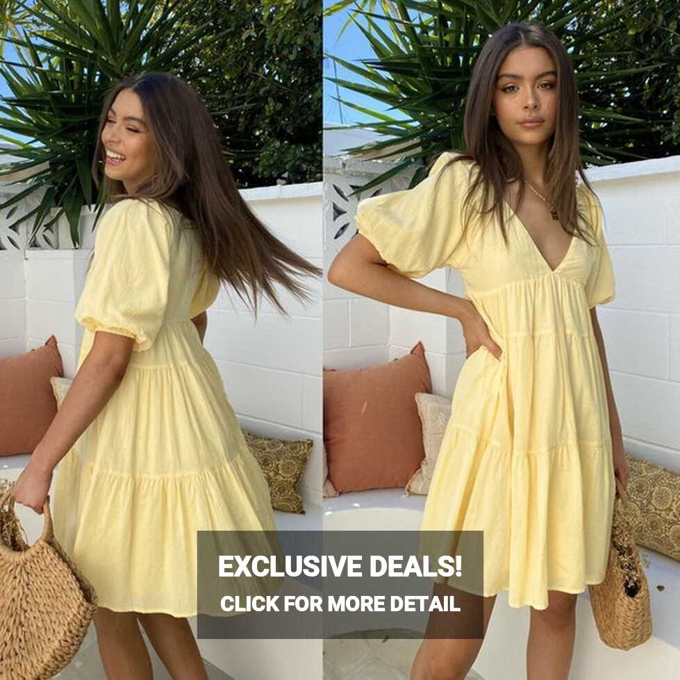 V Neck Puff Sleeve Mini Casual Dress Yellow Dress Cute Short Dress ...