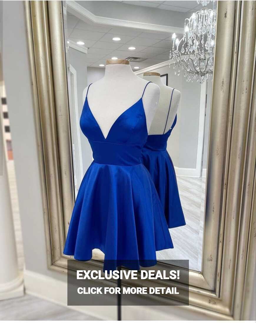 V Neck Royal Blue Short Homecoming Dress With Spaghetti Straps