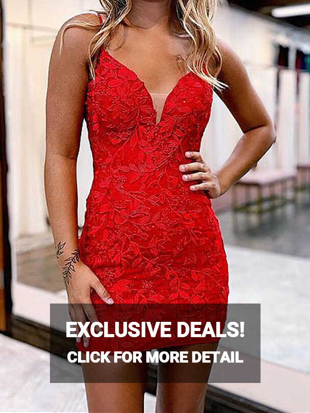 V Neck Short Red Lace Prom Dresses, Short V Neck Red Lace Formal ...