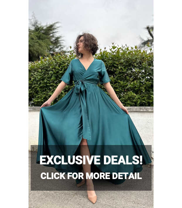 V Neck Short Sleeve Back Long Maxi Satin Dress Emerald