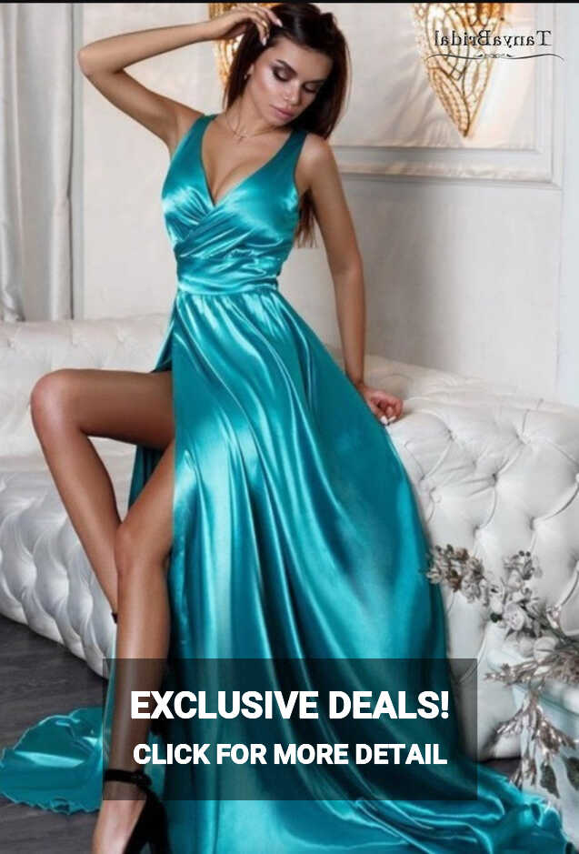 V Neck Simple Prom Dress Sexy Side Slit Silk Satin Long Formal ...