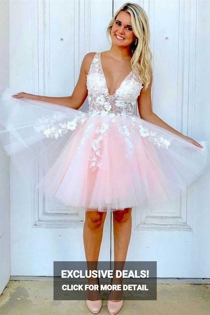 V Neck Tulle Short Pink and White Homecoming Dress Short Prom ...