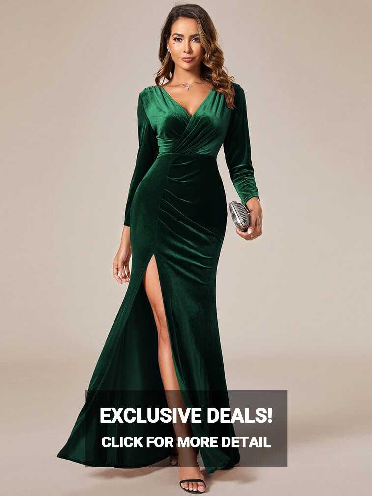 V-Neck Velvet Long Sleeves Bodycon Mermaid High Slit Evening Dress ...