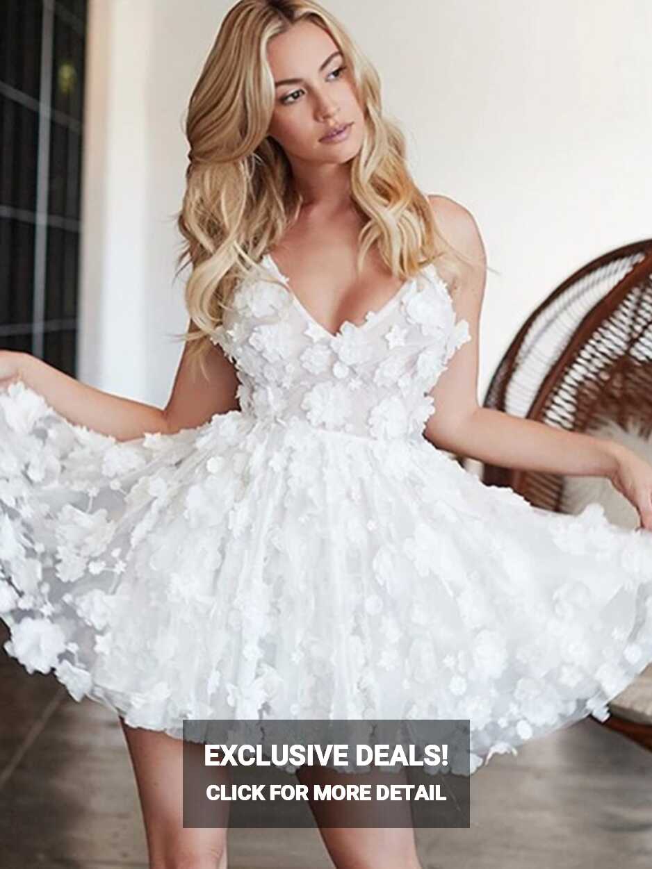 V Neck White Floral Short Prom Dress, V Neck White Floral Short ...