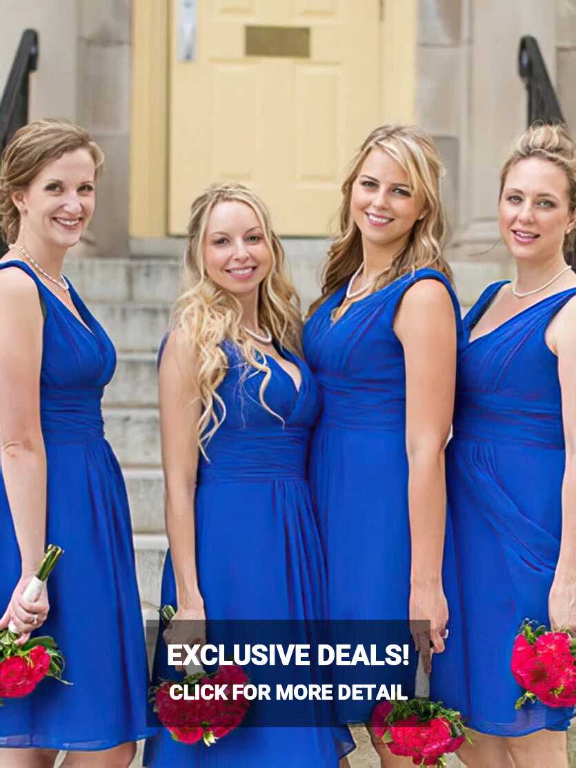 V-neck Chiffon Knee-length Ruffles Noble Royal Blue Bridesmaid ...