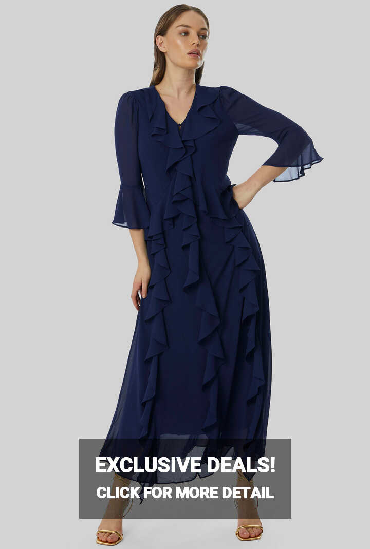 V-neck Chiffon Ruffle Dress In Navy | James Lakeland