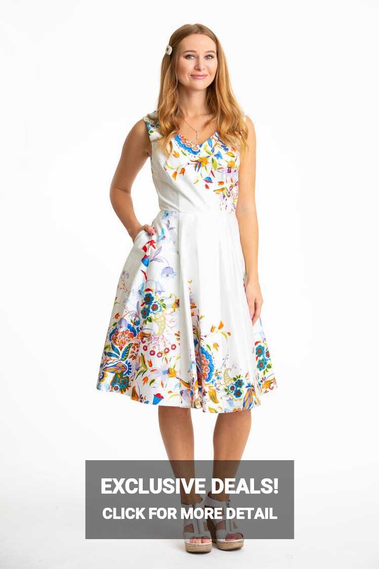 V-neck Fit &amp; Flare White Floral Women Dress - Eva Rose Clothing