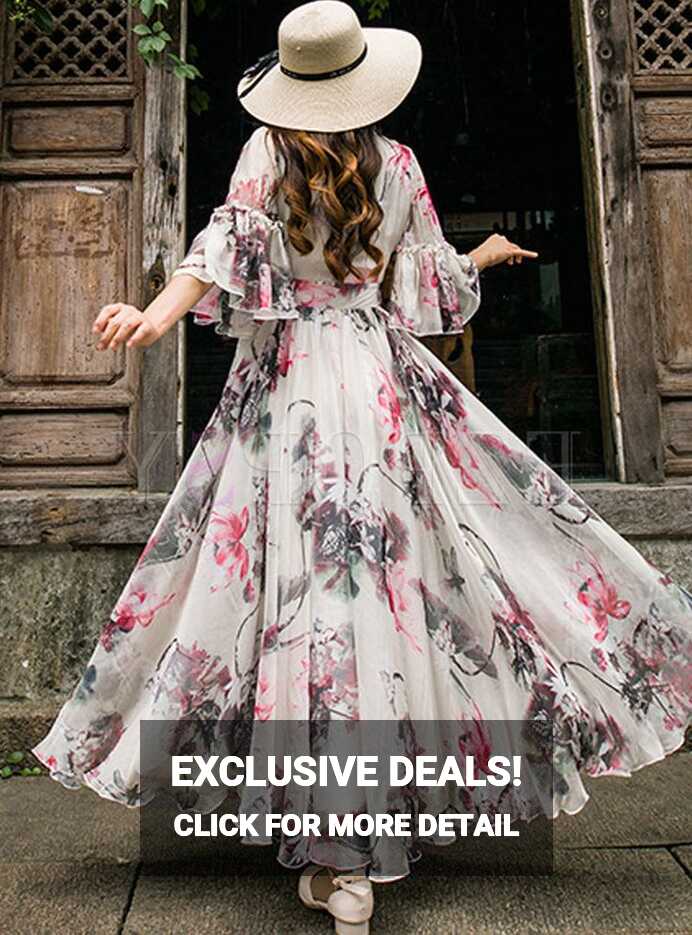 V-neck Flare Sleeve Print Maxi Dress