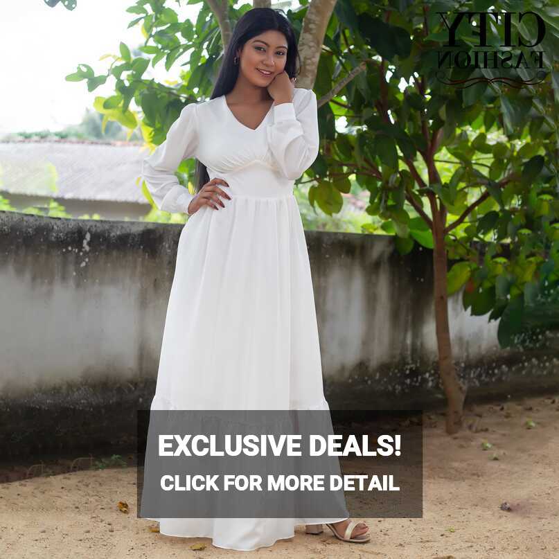 V-neck Hem Raffle White Long Dress - City Fashion