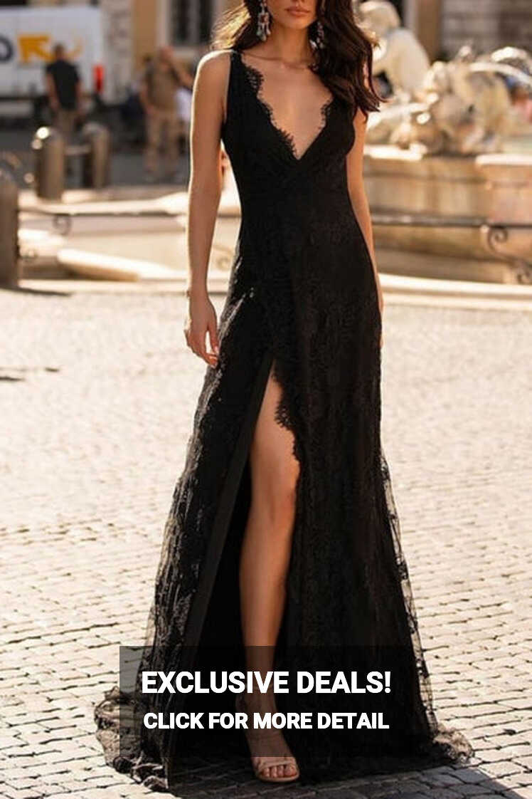 V-neck Long Black Lace Prom Dresses with Slit Side – loveangeldress