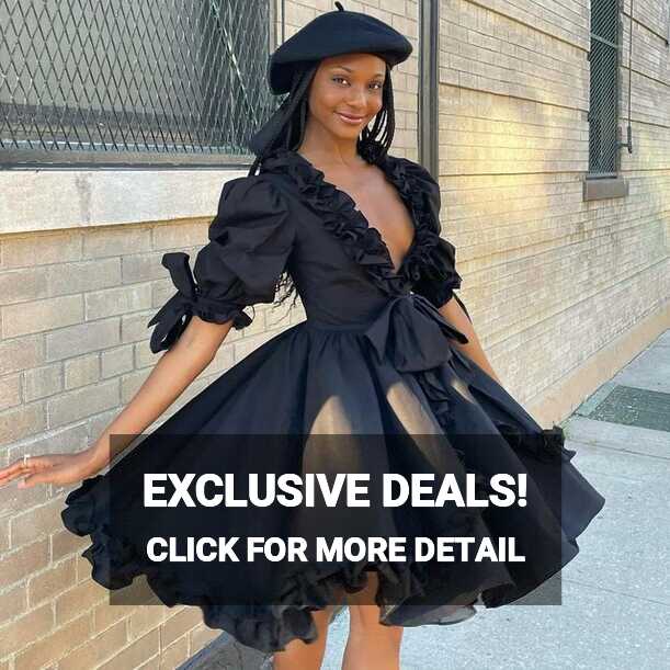 V-neck Prom Dress Ruffles Dress Black Mini Dress Fluffy Ball Gown ...