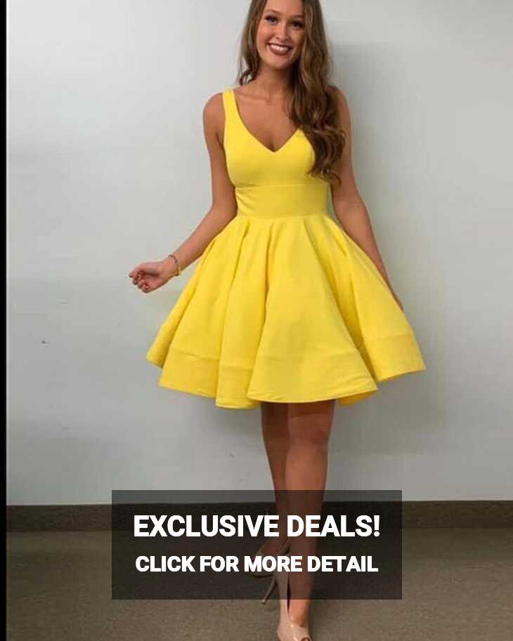 V-neck Simple Pleated Yellow Homecoming Dress HD3472 | Yellow ...