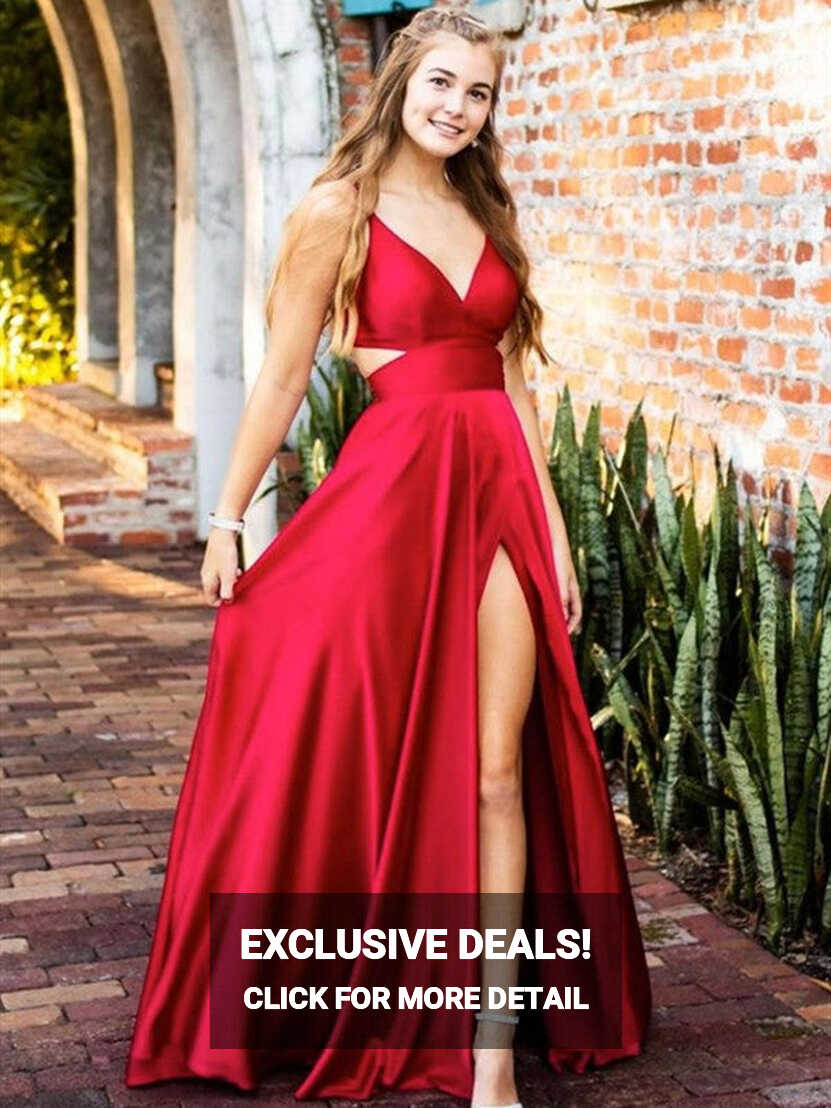 V-neck Unique Design Red Color Prom Dresses, Side Slit A-line ...