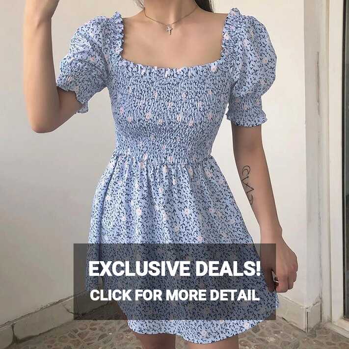 VINTAGE FLORAL LANTERN SLEEVE MINI BLUE DRESS