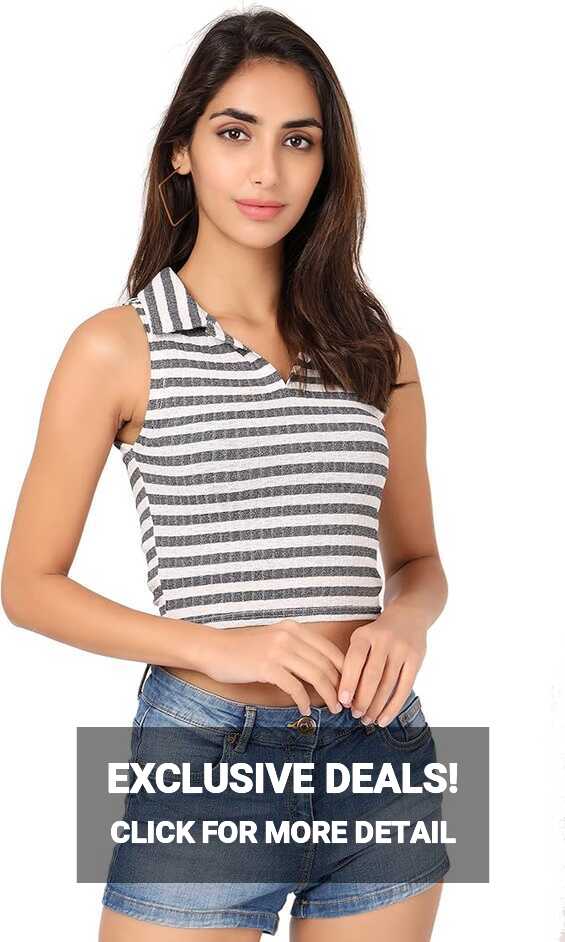 VISO Striped Collared Neck Sleeveless Crop Top for Women and Girls ...