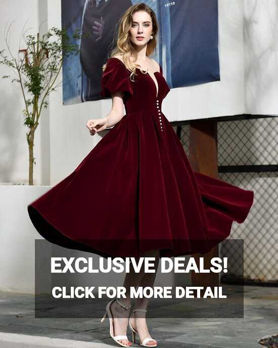 Velvet Knee Length Deep V-neck Burgundy Formal Dress with Short ...