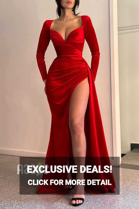 Velvet Sweetheart Red Long Sleeves Prom Dress With Split Evening ...