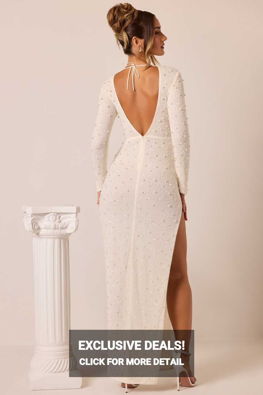 Vienna Embellished Long Sleeve Backless Maxi Dress in White | Oh Polly