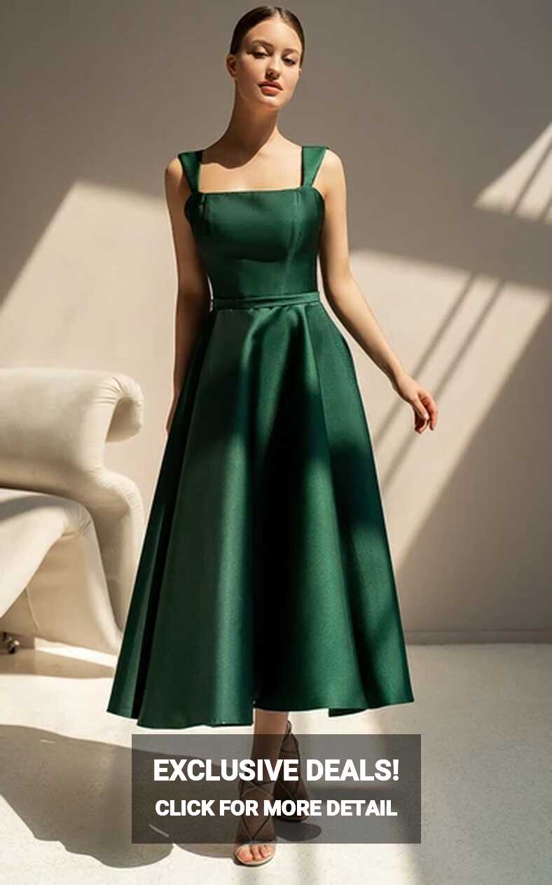 Vintage A-Line Tea-length Square Neck Satin Cocktail Dress with ...