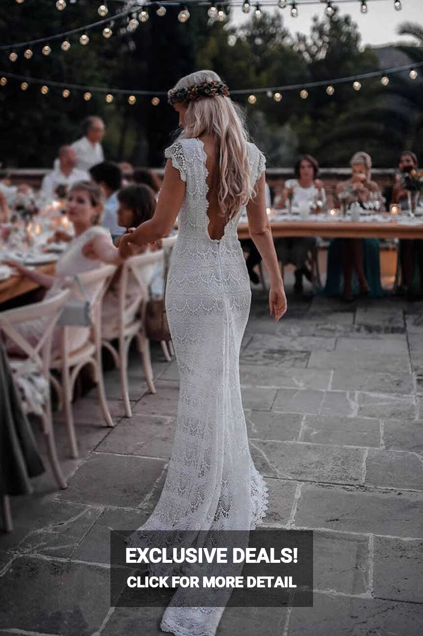 Vintage Backless Lace Boho Mermaid Wedding Dresses Cap Sleeve ...