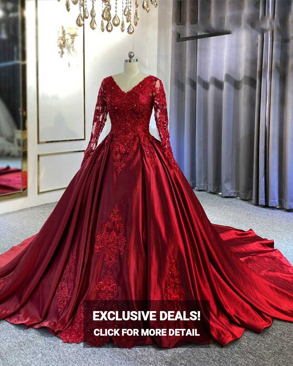 Vintage Ball Gown Long Sleeves Satin Wine Red Wedding Dress ...