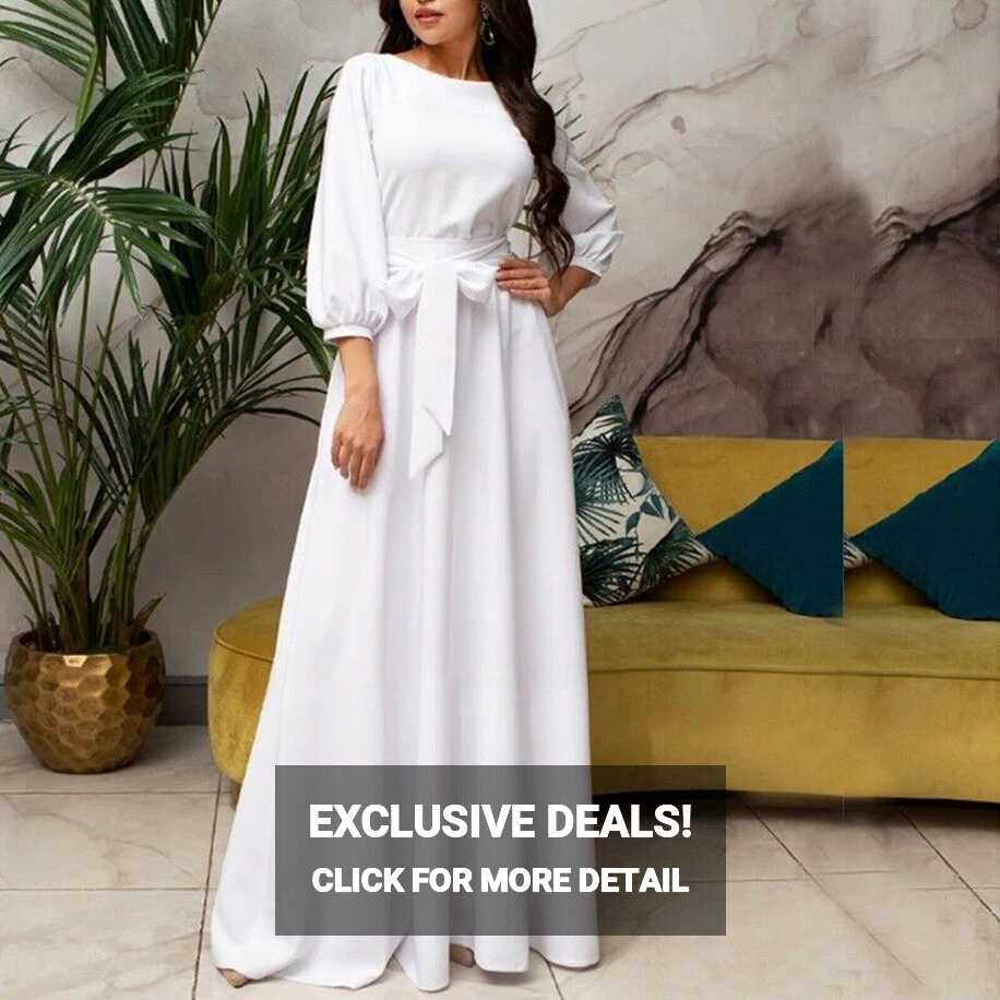 Vintage Bow Tie Maxi Long White Dress Women Lantern Sleeve Elegant ...