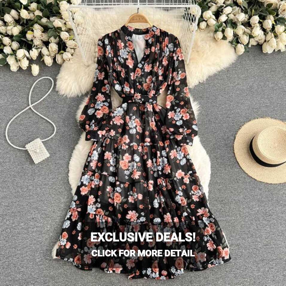 Vintage Floral Long Sleeve Dress Women&#39;s Sweet French Elegant ...