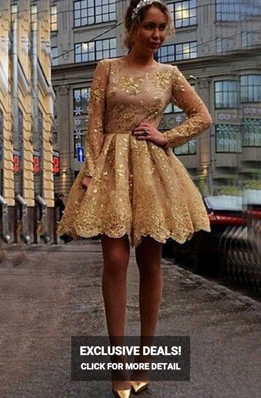 Vintage Gold Sequins Lace A-Line Short Dresses | Long sleeve ...