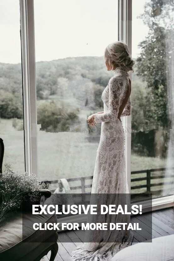 Vintage Lace Boho Lace Wedding Dress With Long Sleeves, High Neck ...