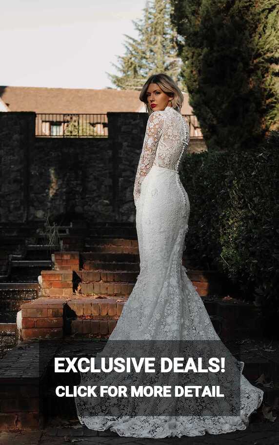 Vintage Lace Long Sleeve Boho Column Wedding Dress with High Neckline