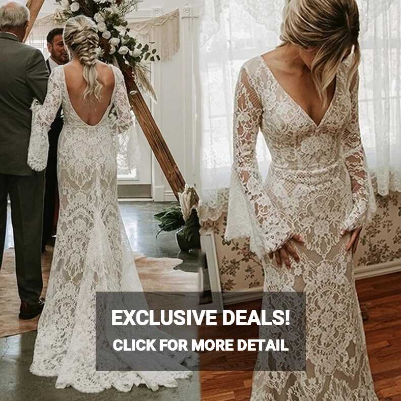 Vintage Lace Mermaid Beach Wedding Dress Long Flare Sleeves Sexy ...