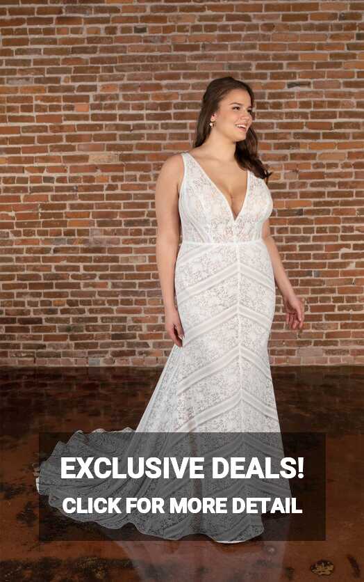 Vintage Lace Plus Size Boho Column Wedding Dress with Plunging V ...