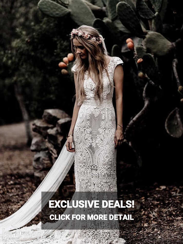 Vintage Lace Rustic Wedding Dresses Cap Sleeve Sheath Boho Wedding ...