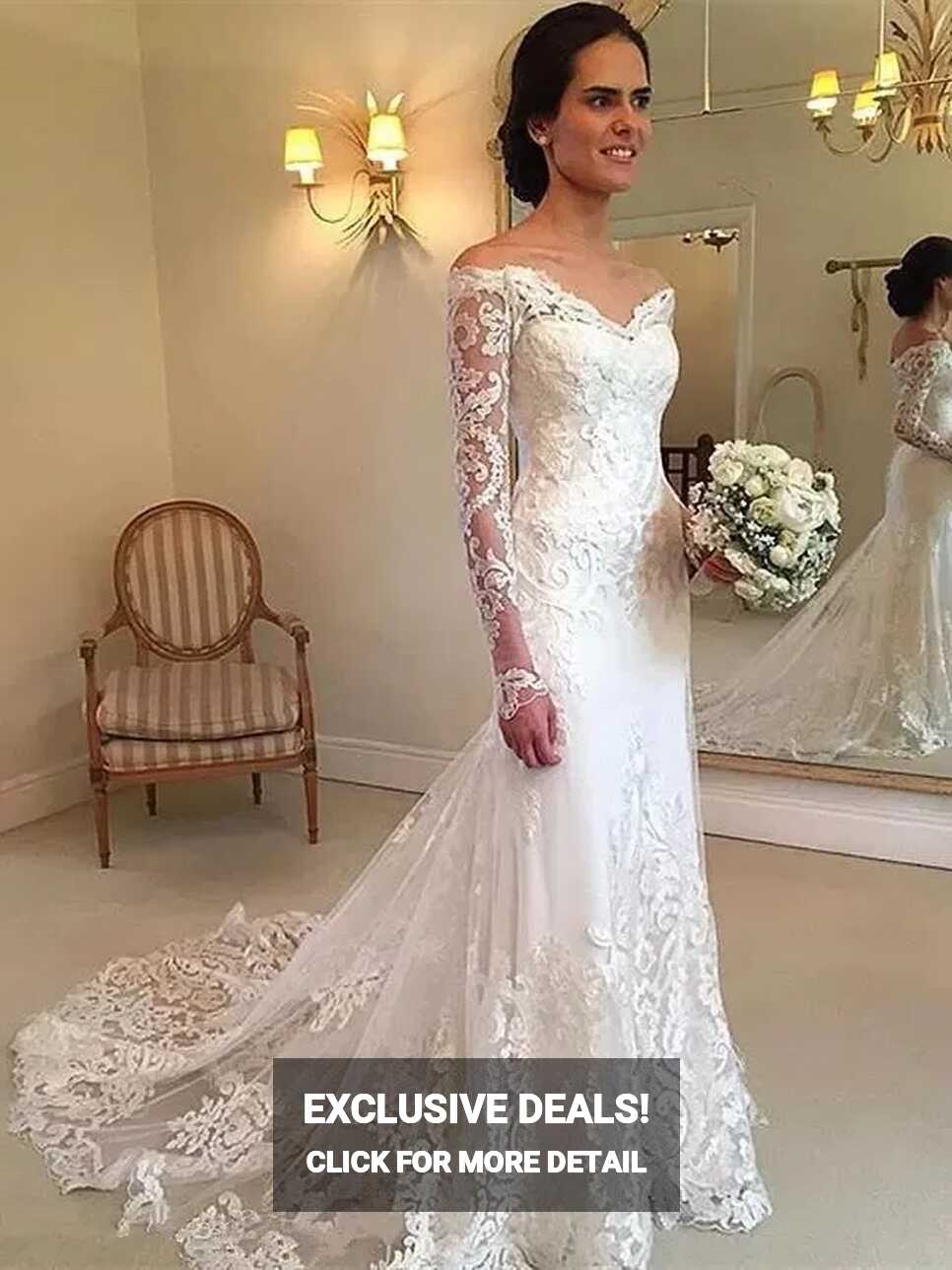 Vintage Mermaid Off-Shoulder Long Sleeves Wedding Dress Lace ...