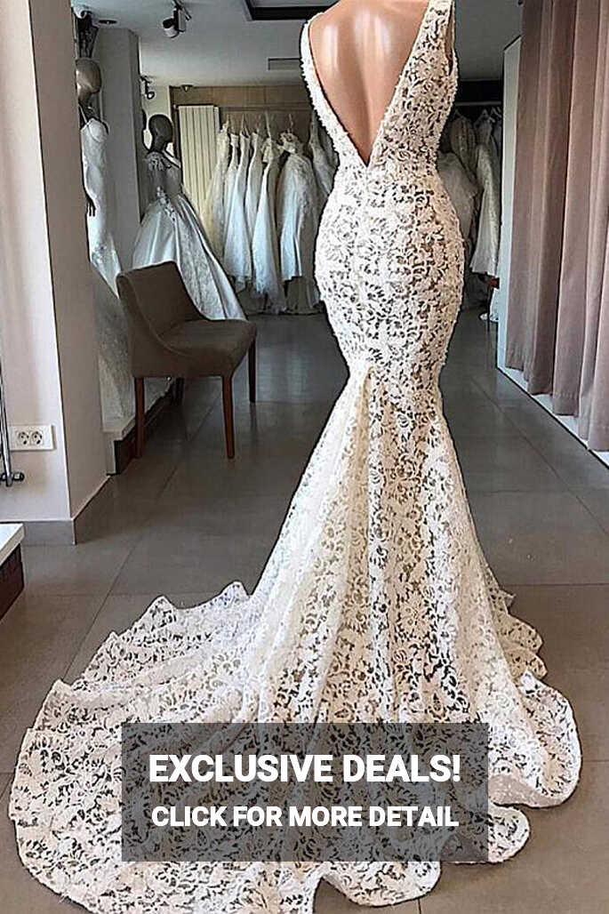 Vintage Mermaid V-neck Open Back Ivory Lace Wedding Dresses ...