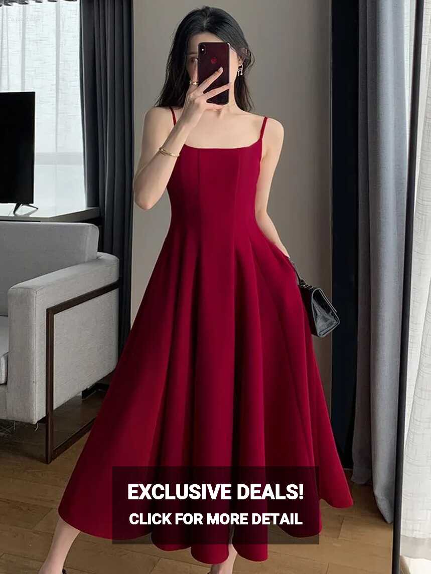 Vintage Red Spaghetti Strap Burgundy Dress Elegant And Sexy Casual ...