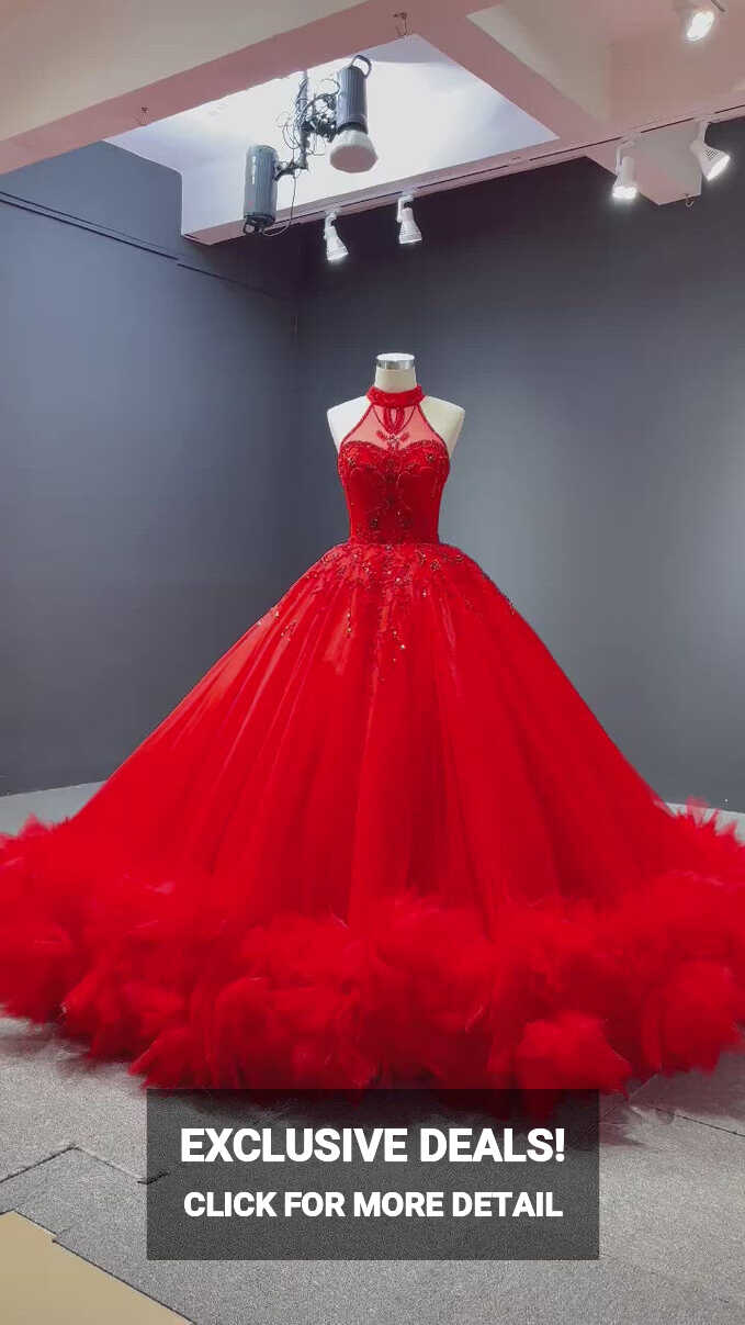 Vintage Red Tulle Wedding Gown Mock Neck Beaded Princess Dress ...