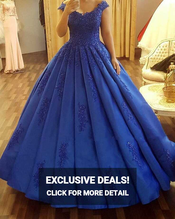 Vintage Royal Blue Satin Ball Gowns Wedding Dresses Lace Cap ...